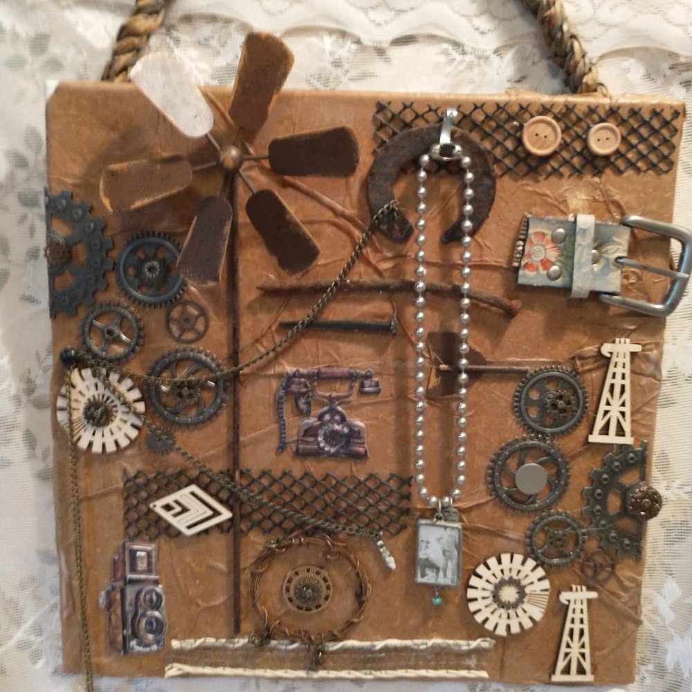 3D steam punk art 14" x 14" browns and metal wood